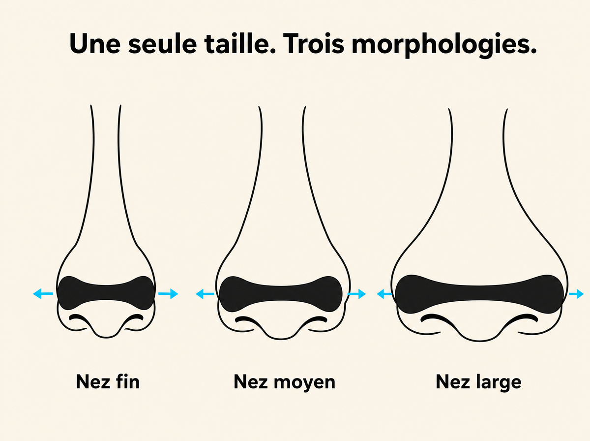 Une seule taille, trois morphologies : la bandelette se pose sur les ailes du nez, nez fin, moyen ou large